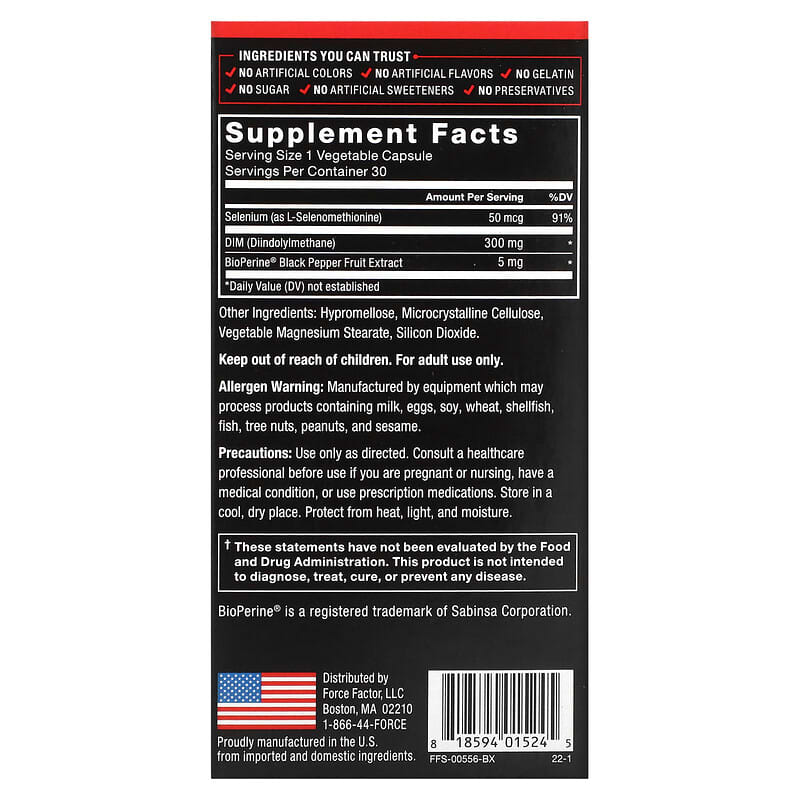 Force Factor Fundamentals DIM Diindolylmethane 30 Vegetable Capsules 8 Thành phần vi chất Force Factor Fundamentals DIM Diindolylmethane 30 viên 818594015245