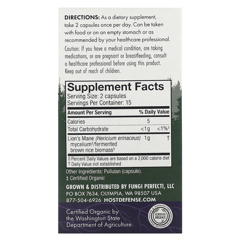 Fungi Perfecti Host Defense Host Defense Mushrooms Lion's Mane Memory & Nerve Support 30 Capsules 8 Thành phần vi chất Fungi Perfecti Host Defense Host Defense Mushrooms Lion's Mane Memory & Nerve Support 30 viên 633422031613