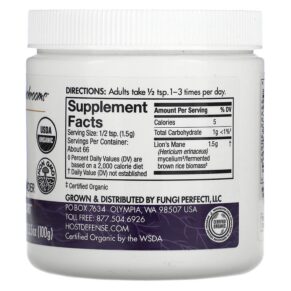 Fungi Perfecti Host Defense Lion's Mane Mushroom Mycelium Powder Memory & Nerve Support 3.5 oz (100 g) 633422306964