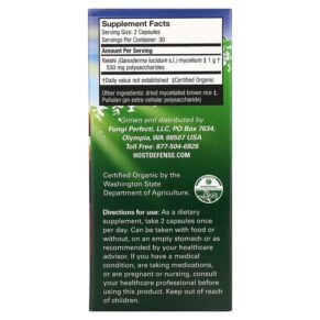Fungi Perfecti Host Defense Mushrooms Reishi Longevity Support 60 Vegetarian Capsules 633422030326