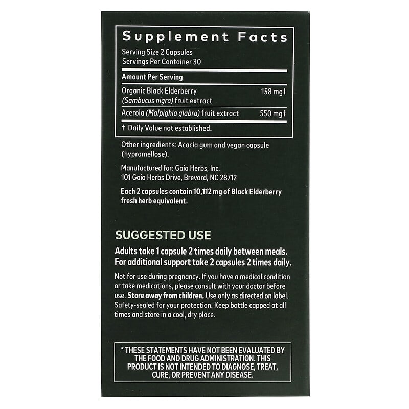 Gaia Herbs Black Elderberry with Acerola Fruit 60 Vegan Capsules 8 Thành phần vi chất Gaia Herbs Black Elderberry + Acerola Fruit 60 viên 751063400602