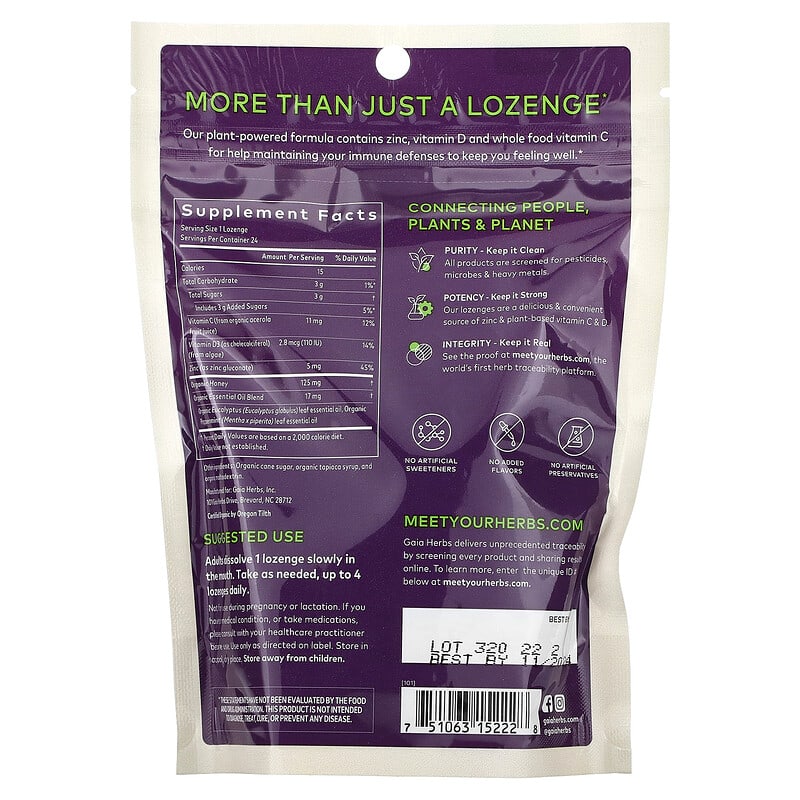 Gaia Herbs Immune Lozenges Peppermint 24 Lozenges 8 Thành phần vi chất Gaia Herbs Immune Peppermint 24 viên 751063152228