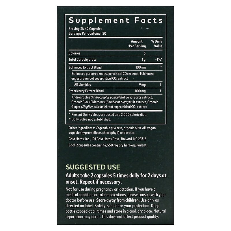 Gaia Herbs Quick Defense 40 Vegan Liquid Phyto-Caps 8 Thành phần vi chất Gaia Herbs Quick Defense 40 viên 751063403603