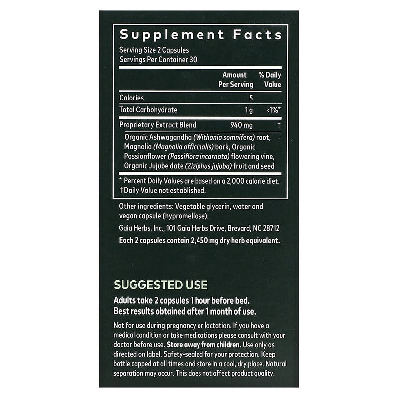 Gaia Herbs SleepThru 60 Vegan Liquid Phyto-Caps 8 Thành phần vi chất Gaia Herbs SleepThru 60 viên 751063145763