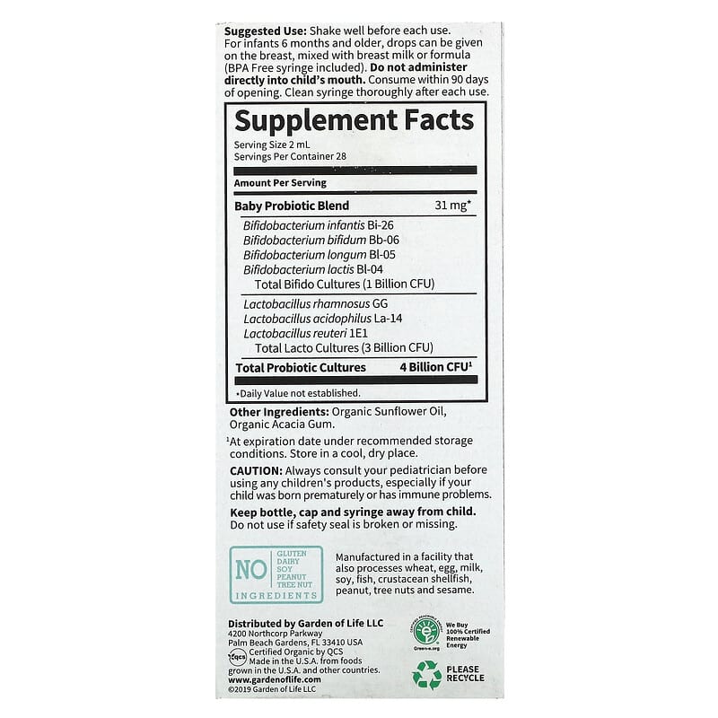 Garden of Life Baby Probiotic 4 Billion CFU 1.9 fl oz (56 ml) 8 Thành phần vi chất Garden of Life Baby Probiotic 4 Billion CFU 1.9 fl oz (56 ml) 658010125239