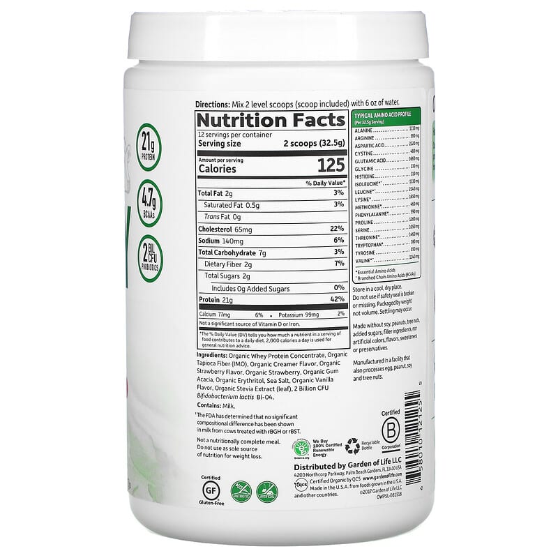 Garden of Life Organic Whey Protein Grass-Fed Strawberry 13.75 oz (390 g) 8 Thành phần vi chất Garden of Life Organic Whey Protein Grass-Fed Strawberry 13.75 oz (390 g) 658010121255