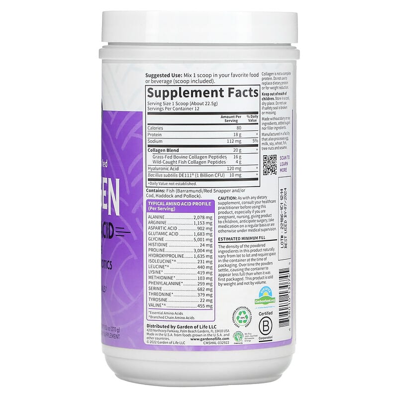 Garden of Life Wild Caught & Grass Fed Collagen Hyaluronic Acid Unflavored 9.52 oz (270 g) 8 Thành phần vi chất Garden of Life Wild Caught & Grass Fed Collagen Hyaluronic Acid Unflavored 9.52 oz (270 g) 658010130745