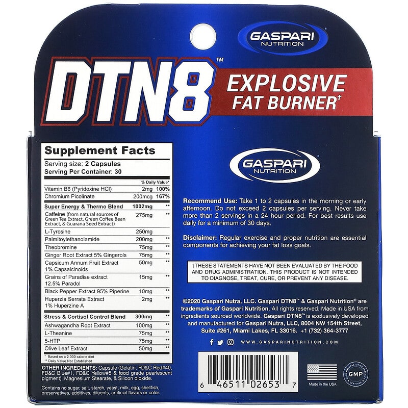 Gaspari Nutrition DTN8 Explosive Fat Burner 60 Capsules 8 Thành phần vi chất Gaspari Nutrition DTN8 Explosive Fat Burner 60 viên 646511026537