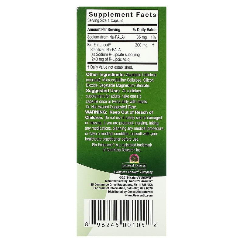 Genceutic Naturals R-Lipoic Acid+ 300 mg 60 Vegetarian Capsules 8 Thành phần vi chất Genceutic Naturals R-Lipoic Acid+ 300 mg 60 viên 896245001052
