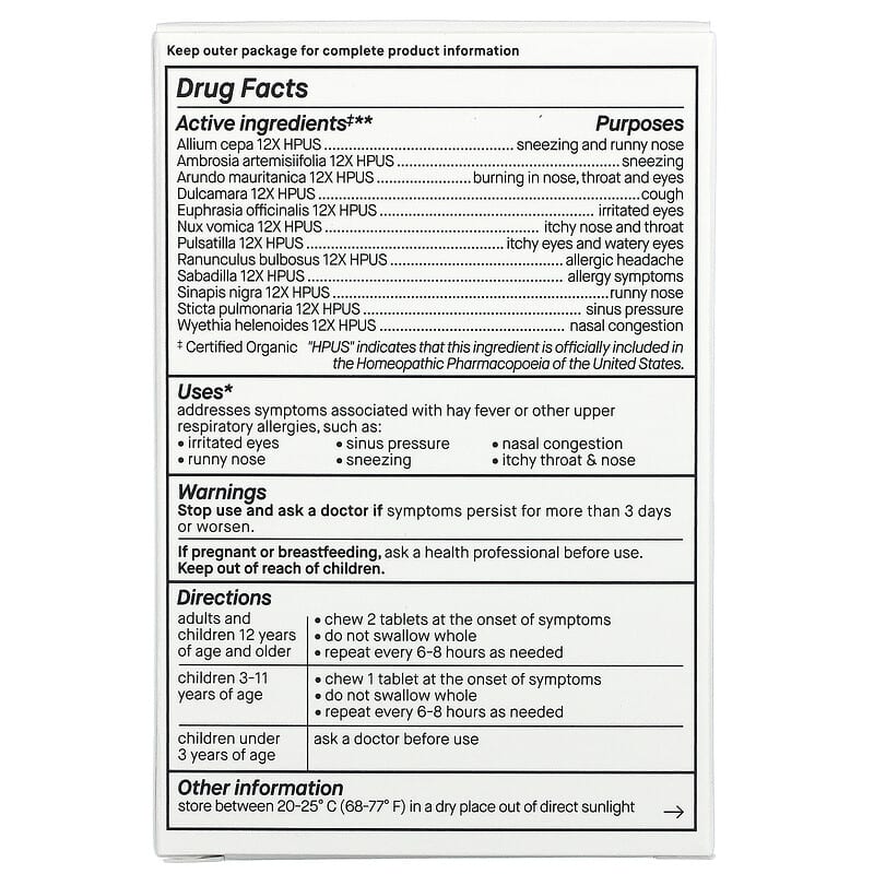 Genexa LLC Allergy Care Organic Allergy & Decongestant Organic Acai Berry 60 Chewable Tablets 8 Thành phần vi chất Genexa LLC Allergy Care Organic Allergy & Decongestant Organic Acai Berry 60 viên 857630006052