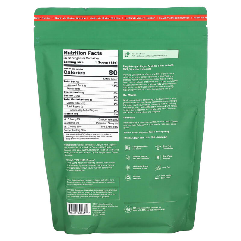 HVMN Keto Collagen+ Matcha Limited Edition 15.5 oz (440 g) 8 Thành phần vi chất HVMN Keto Collagen+ Matcha Limited Edition 15.5 oz (440 g) 850632006617