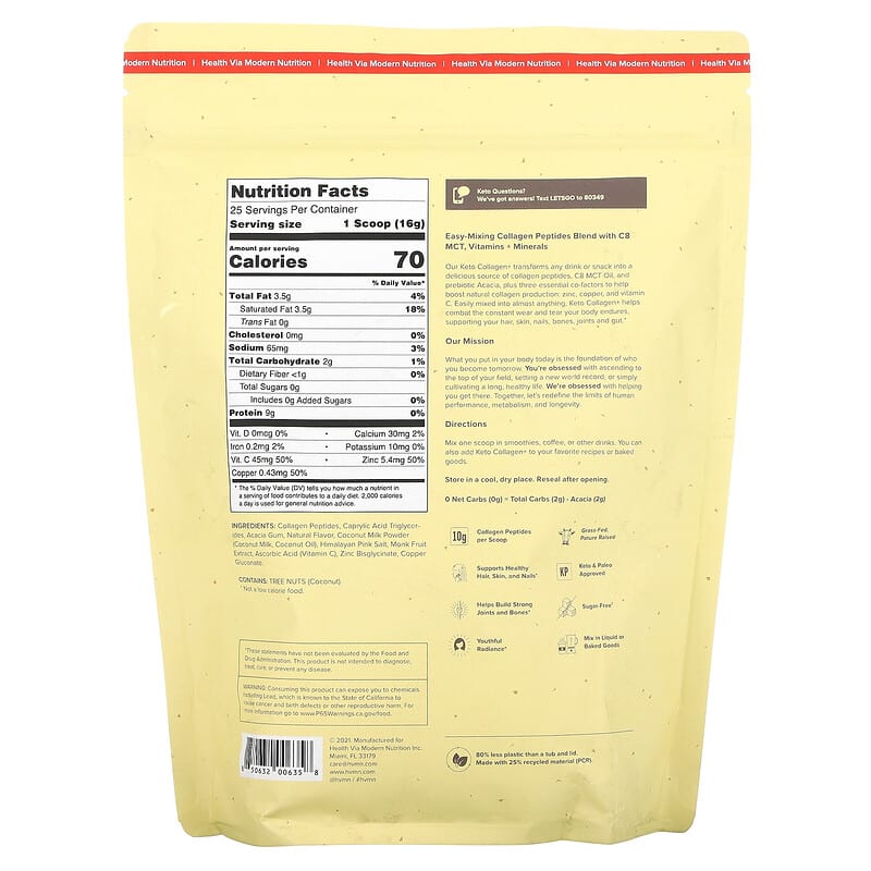 HVMN Keto Collagen+ Vanilla 14.4 oz (410 g) 8 Thành phần vi chất HVMN Keto Collagen+ Vanilla 14.4 oz (410 g) 850632006358