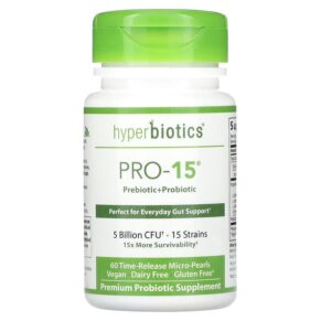 Hyperbiotics PRO-15 Prebiotic + Probiotic 5 Billion CFU 60 Time-Release Micro-Pearls 9506000058504