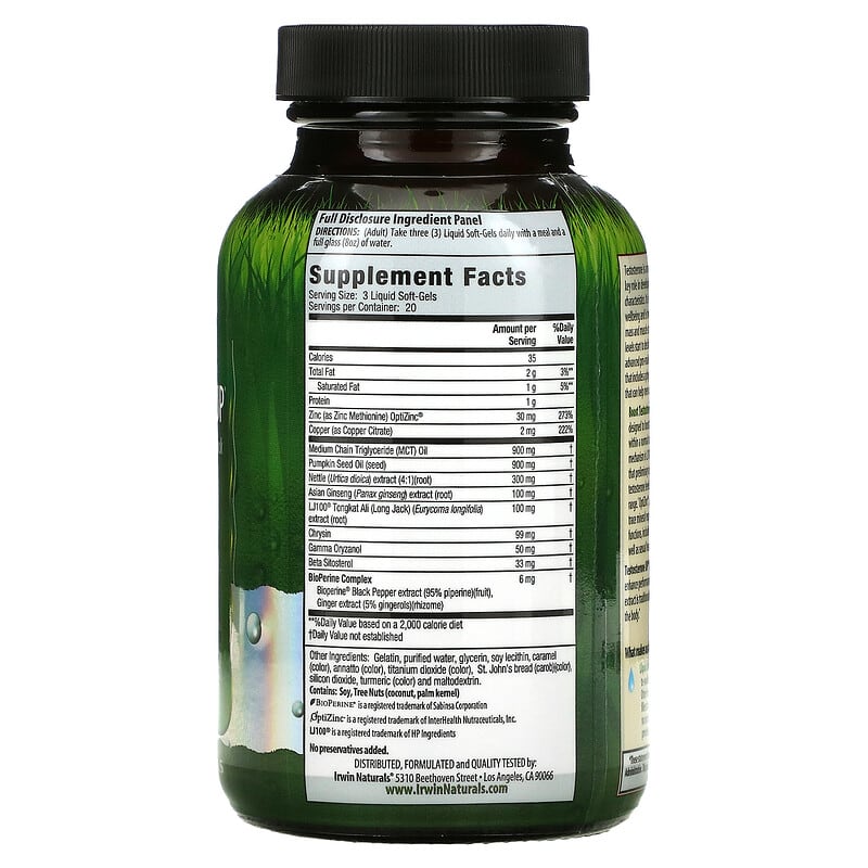 Irwin Naturals Testosterone UP 60 Liquid Soft-Gels 8 Thành phần vi chất Irwin Naturals Testosterone UP 60 viên 710363581046