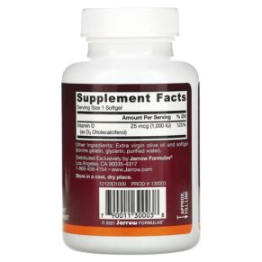 Jarrow Formulas Vitamin D3 Cholecalciferol 25 mcg (1.000 IU) 100 Softgels 790011300038