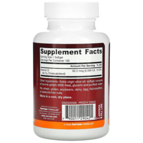 Jarrow Formulas Vitamin D3 Cholecalciferol 62.5 mcg (2.500 IU) 100 Softgels 790011290421