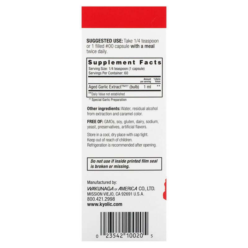 Kyolic Aged Garlic Extract Liquid 2 fl oz (60 ml) 8 Thành phần vi chất Kyolic Aged Garlic Extract Liquid 2 fl oz (60 ml) 023542100205