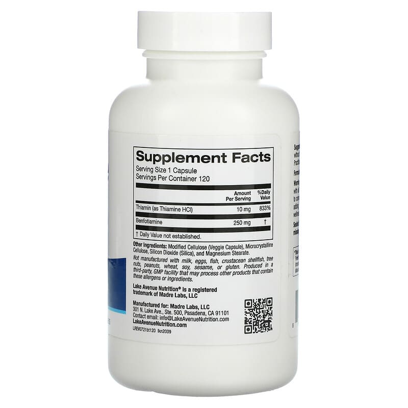 Lake Avenue Nutrition Benfotiamine with Thiamine 250 mg 120 Veggie Capsules 8 Thành phần vi chất Lake Avenue Nutrition Benfotiamine + Thiamine 250 mg 120 viên 898220020096