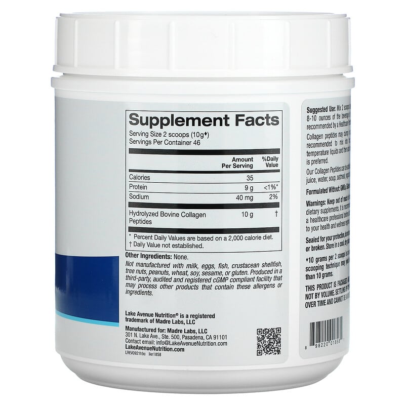 Lake Avenue Nutrition Hydrolyzed Collagen Peptides Type I & III 1.01 lb (460 g) 8 Thành phần vi chất Lake Avenue Nutrition Hydrolyzed Collagen Peptides Type I & III 1.01 lb (460 g) 898220018581