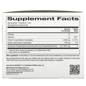 Lake Avenue Nutrition Liposomal Vitamin C Unsweetened 1.000 mg 30 Packets 0.2 oz (5.7 ml) Each 898220017515