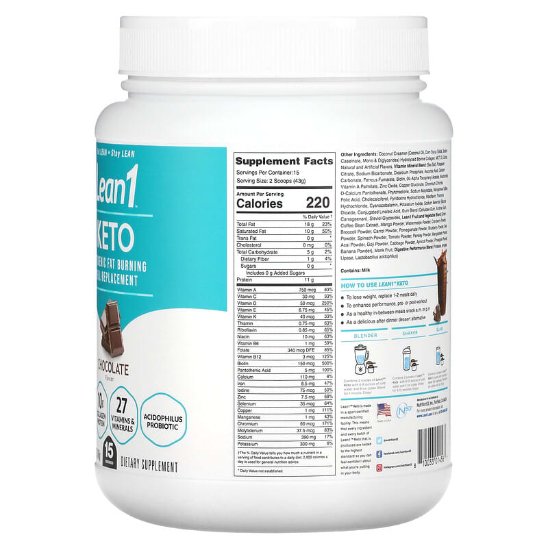 Lean1 Keto Ketogenic Fat Burning Meal Replacement Chocolate 1.4 lb (645 g) 8 Thành phần vi chất Lean1 Keto Ketogenic Fat Burning Meal Replacement Chocolate 1.4 lb (645 g) 810033014567
