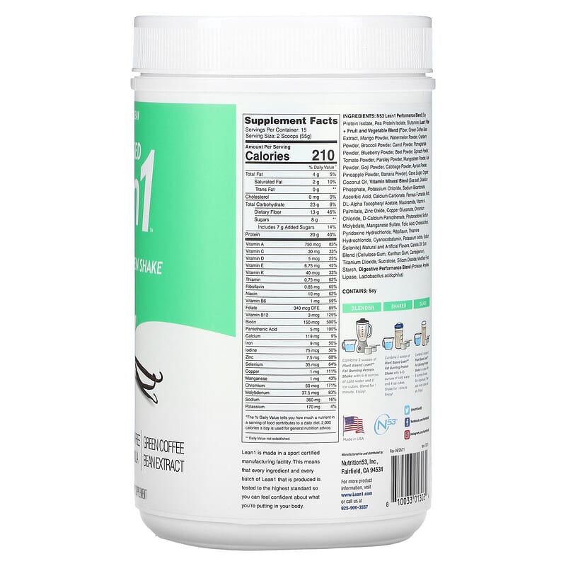 Lean1 Plant Based Fat Burning Protein Shake Vanilla 1.82 lbs (825 g) 8 Thành phần vi chất Lean1 Plant Based Fat Burning Protein Shake Vanilla 1.82 lbs (825 g) 810033013034