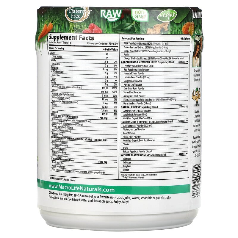 Macrolife Naturals Macro Greens Superfood 30 oz (850 g) 8 Thành phần vi chất Macrolife Naturals Macro Greens Superfood 30 oz (850 g) 054139908010