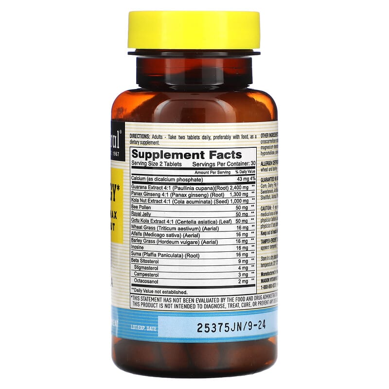 Mason Natural Super Energy with Guarana Panax Ginseng & Kola Nut 60 Tablets 8 Thành phần vi chất Mason Natural Super Energy + Guarana Panax Ginseng & Kola Nut 60 viên 311845119650