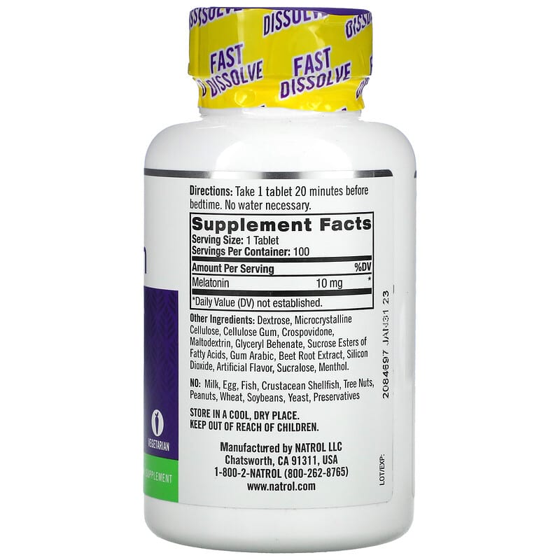 Natrol Melatonin Fast Dissolve Maximum Strength Strawberry 10 mg 100 Tablets 8 Thành phần vi chất Natrol Melatonin Fast Dissolve Maximum Strength Strawberry 10 mg 100 viên 047469071509