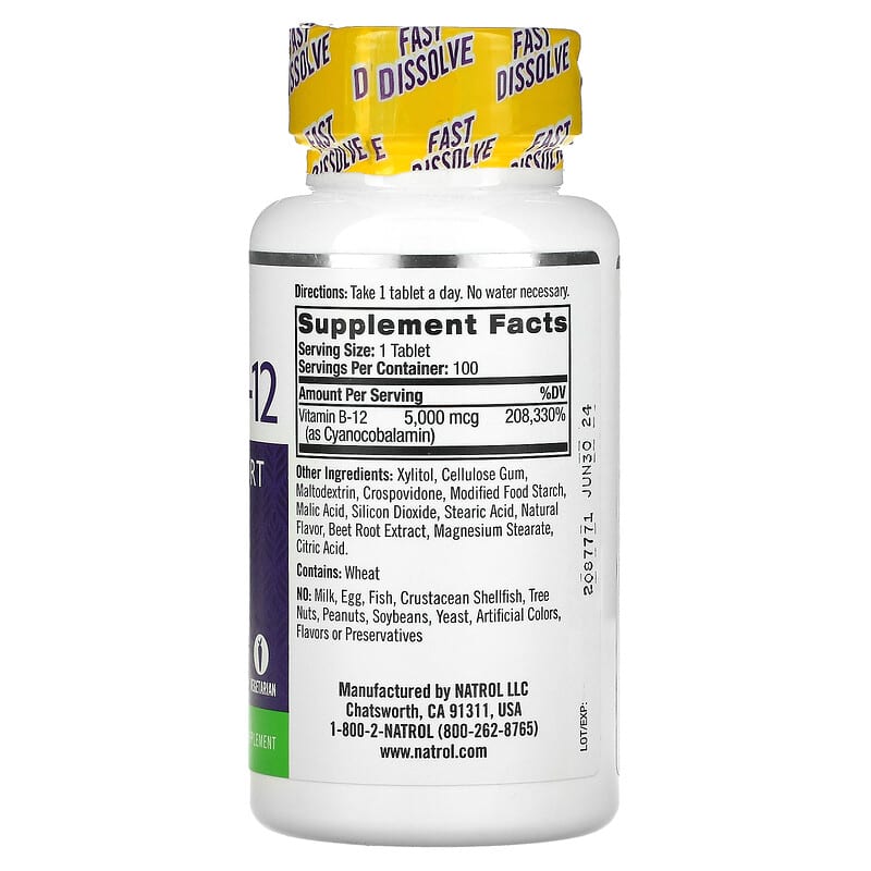 Natrol Vitamin B-12 Fast Dissolve Maximum Strength Strawberry 5.000 mcg 100 Tablets 8 Thành phần vi chất Natrol Vitamin B-12 Fast Dissolve Maximum Strength Strawberry 5.000 mcg 100 viên 047469066727
