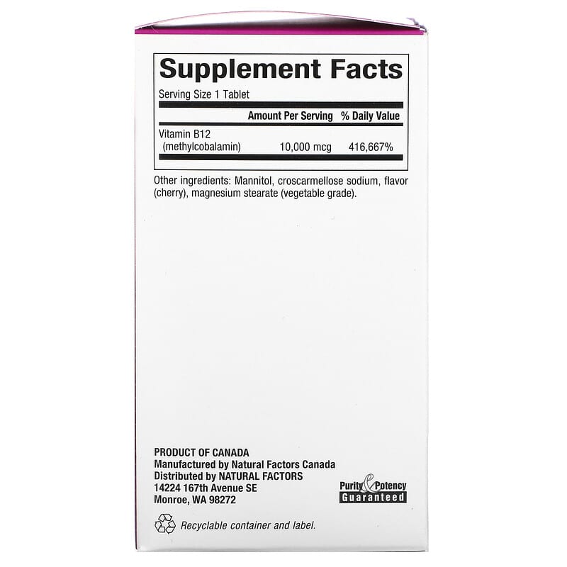 Natural Factors B12 Methylcobalamin Cherry 10.000 mcg 30 Chewable Tablets 8 Thành phần vi chất Natural Factors B12 Methylcobalamin Cherry 10.000 mcg 30 viên 068958012445