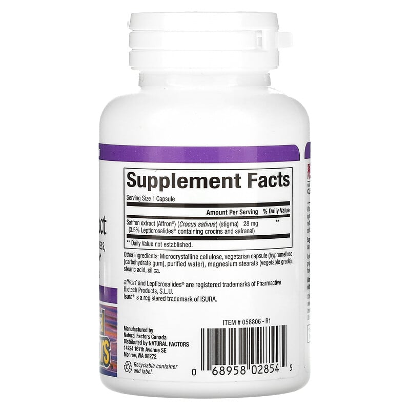 Natural Factors Stress-Relax 100% Pure Saffron Extract 30 Vegetarian Capsules 8 Thành phần vi chất Natural Factors Stress-Relax 100% Pure Saffron Extract 30 viên 068958028545