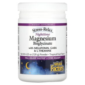 Natural Factors Stress-Relax Nighttime Magnesium Bisglycinate + Melatonin Gaba & L-Theanine Tropical Fruit 4.23 oz (120 g) 068958035284