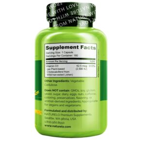 NATURELO Vitamin D3 Plant-Based from Lichen 62.5 mcg (2.500 IU) 180 Easy Swallow Capsules 628110628282