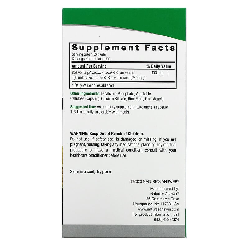 Nature's Answer Boswellia 400 mg 90 Vegetarian Capsules 8 Thành phần vi chất Nature's Answer Boswellia 400 mg 90 viên 083000163661
