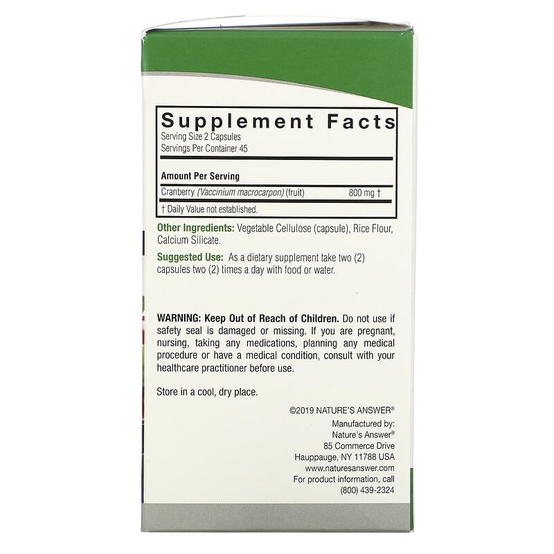 Nature's Answer Cranberry 400 mg 90 Vegetarian Capsules 8 Thành phần vi chất Nature's Answer Cranberry 400 mg 90 viên 083000161582