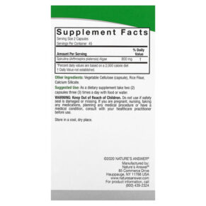 Nature's Answer Spirulina 400 mg 90 Vegetarian Capsules 083000163388