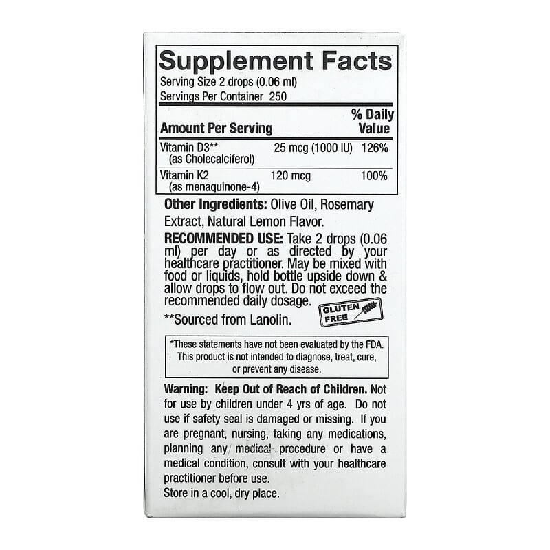 Nature's Answer Vitamin D3 & K2 0.5 fl oz (15 ml) 8 Thành phần vi chất Nature's Answer Vitamin D3 & K2 0.5 fl oz (15 ml) 083000261398