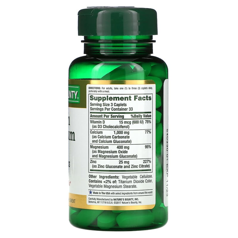 Nature's Bounty Calcium Magnesium Zinc with Vitamin D3 100 Coated Caplets 8 Thành phần vi chất Nature's Bounty Calcium Magnesium Zinc + Vitamin D3 100 viên 074312042904