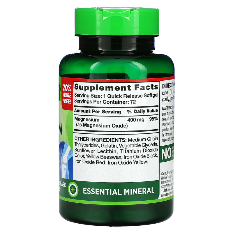 Nature's Truth Extra Strength Magnesium 400 mg 72 Quick Release Softgels 8 Thành phần vi chất Nature's Truth Extra Strength Magnesium 400 mg 72 Quick Release viên 840093110985