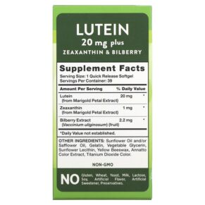 Nature's Truth Lutein plus Zeaxanthin & Bilberry 20 mg 39 Quick Release Softgels 840093100740
