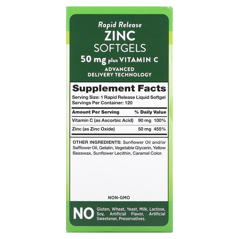 Nature's Truth Rapid Release Zinc Plus Vitamin C 50 mg 120 Rapid Release Liquid Softgels 8 Thành phần vi chất Nature's Truth Rapid Release Zinc Plus Vitamin C 50 mg 120 Rapid Release viên 840093115416