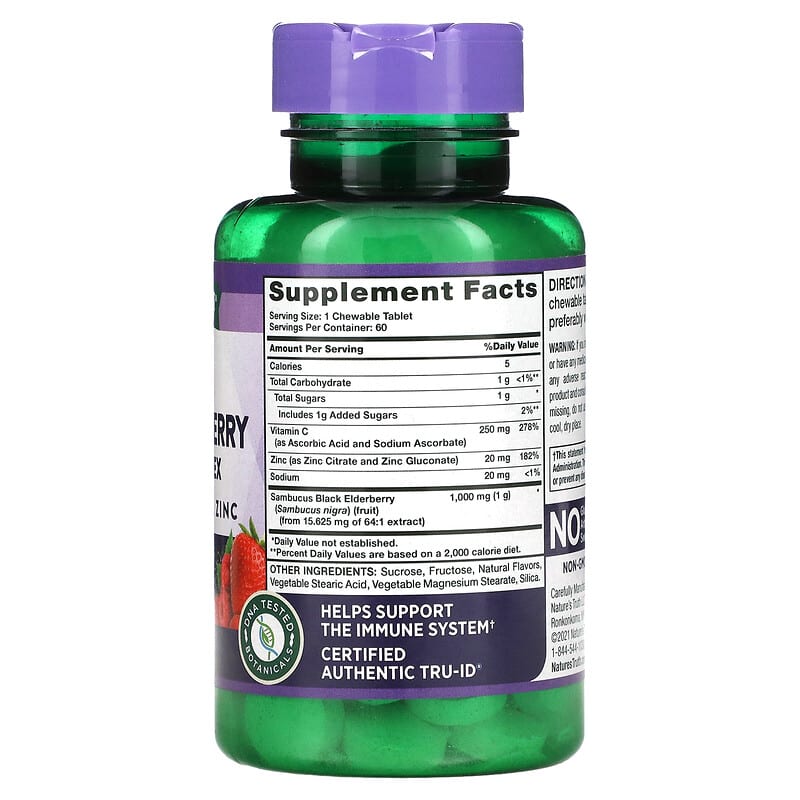 Nature's Truth Sambucus Black Elderberry Immune Complex Plus Vitamin C & Zinc Natural Mixed Berry 60 Chewable Tablets 8 Thành phần vi chất Nature's Truth Sambucus Black Elderberry Immune Complex Plus Vitamin C & Zinc Natural Mixed Berry 60 viên 840093114754