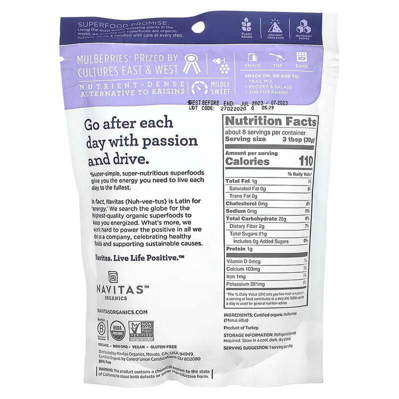 Navitas Organics Organic Mulberry Berries 8 oz (227 g) 8 Thành phần vi chất Navitas Organics Organic Mulberry Berries 8 oz (227 g) 858847000888