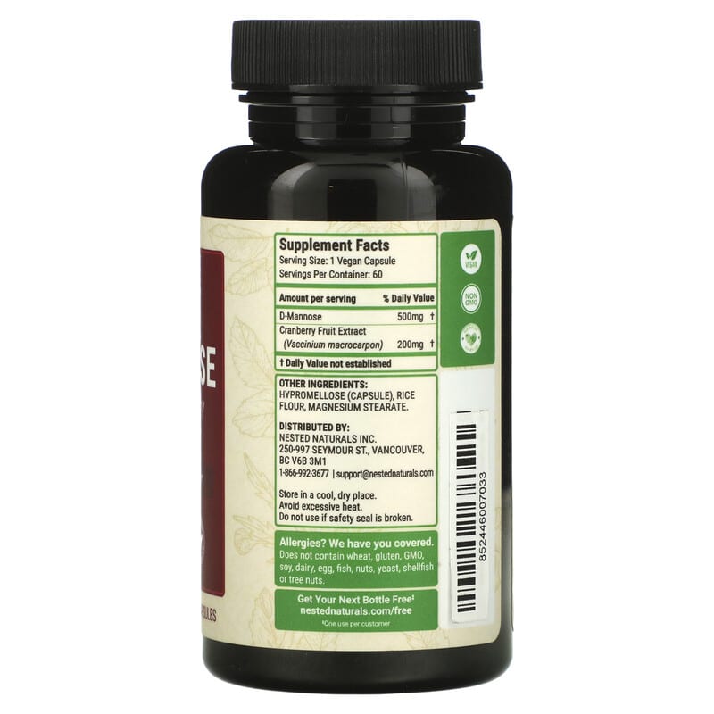 Nested Naturals D-Mannose Plus Cranberry 60 Vegan Capsules 8 Thành phần vi chất Nested Naturals D-Mannose Plus Cranberry 60 viên 852446007033
