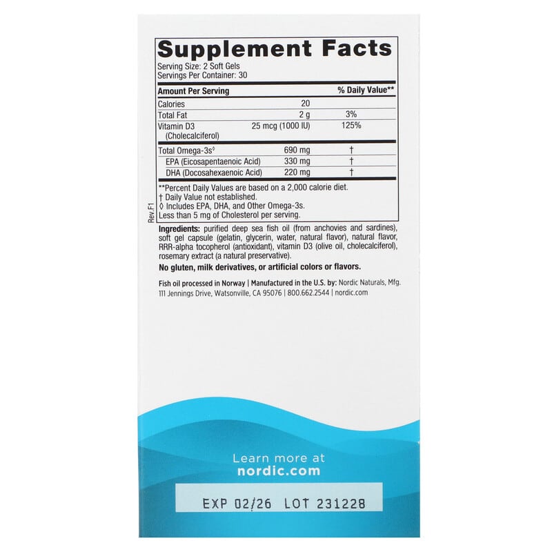 Nordic Naturals Omega-3D Lemon 345 mg 60 Soft Gels 8 Thành phần vi chất Nordic Naturals Omega-3D Lemon 345 mg 60 viên 768990017612