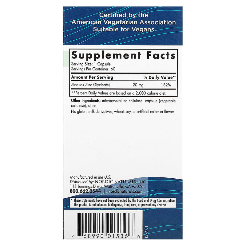 Nordic Naturals Zinc Glycinate 20 mg 60 Capsules 8 Thành phần vi chất Nordic Naturals Zinc Glycinate 20 mg 60 viên 768990015366
