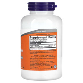 NOW Foods Acetyl-L-Carnitine 500 mg 200 Veg Capsules 733739000842