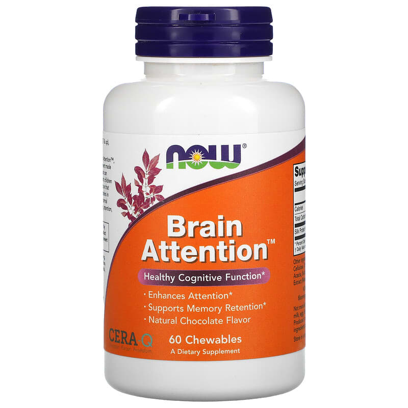 NOW Foods Brain Attention Natural Chocolate Flavor 60 Chewables 1 NOW Foods Brain Attention Natural Chocolate Flavor 60 viên 733739023971