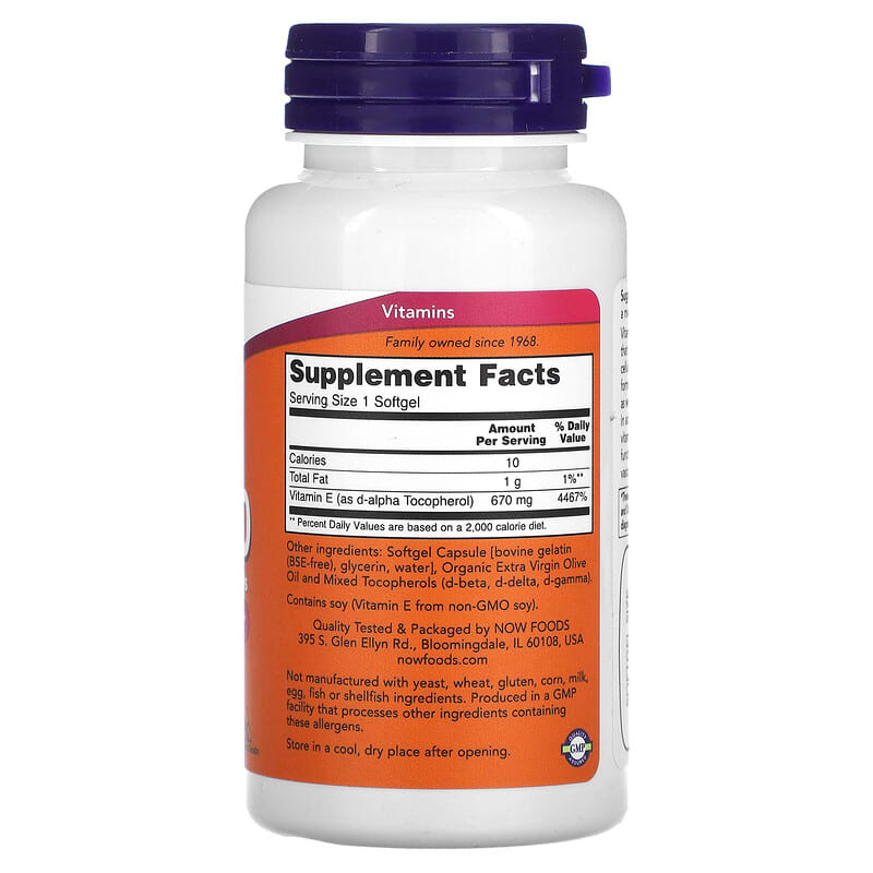 NOW Foods E-1000 with Mixed Tocopherols 670 mg (1.000 IU) 50 Softgels 8 Thành phần vi chất NOW Foods E-1000 + Mixed Tocopherols 670 mg (1.000 IU) 50 viên 733739009005